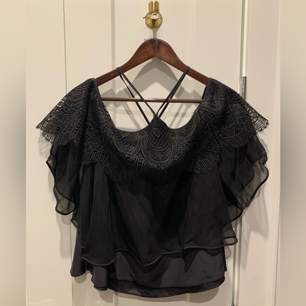 Cinq a sept black lace chiffon top size xs